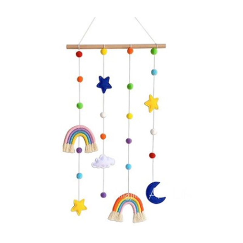 Wandmontiertes Regenbogen-Kinderzimmer, Regenbogen-Hängefotodisplay mit Pompons und Mond, Wolken und Sternen, Spielzeug zum Aufhängen für Babybetten