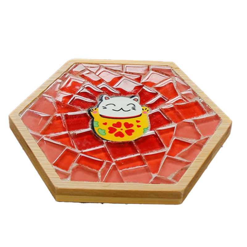 New Crystal Mosaic DIY Hexagon Coaster Handmade Wood Fortune Cat Karton Colorful Ins Home Decoration