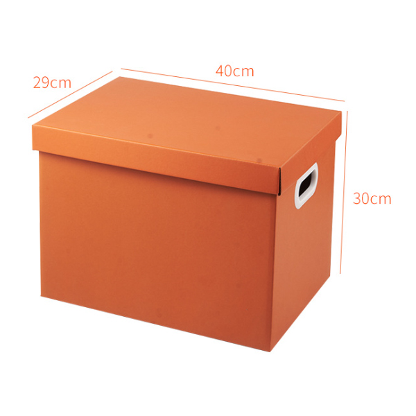 Banker-Box in Twilight Orange mit abnehmbarem Deckel und Schutzgriffen. Aufbewahrungsbox aus recycelbarem Kraftpapier in verschiedenen Größen