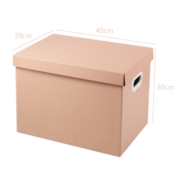 Beige-rosafarbene Bankbox mit abnehmbarem Deckel und Schutzgriffen. Aufbewahrungsbox aus recycelbarem Kraftpapier in verschiedenen Größen