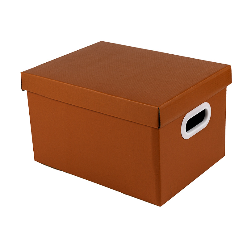 Banker-Box in Twilight Orange mit abnehmbarem Deckel und Schutzgriffen. Aufbewahrungsbox aus recycelbarem Kraftpapier in verschiedenen Größen