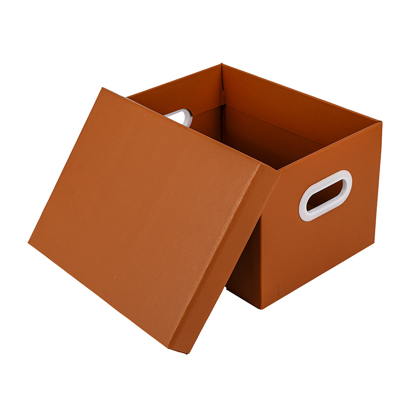 Banker-Box in Twilight Orange mit abnehmbarem Deckel und Schutzgriffen. Aufbewahrungsbox aus recycelbarem Kraftpapier in verschiedenen Größen