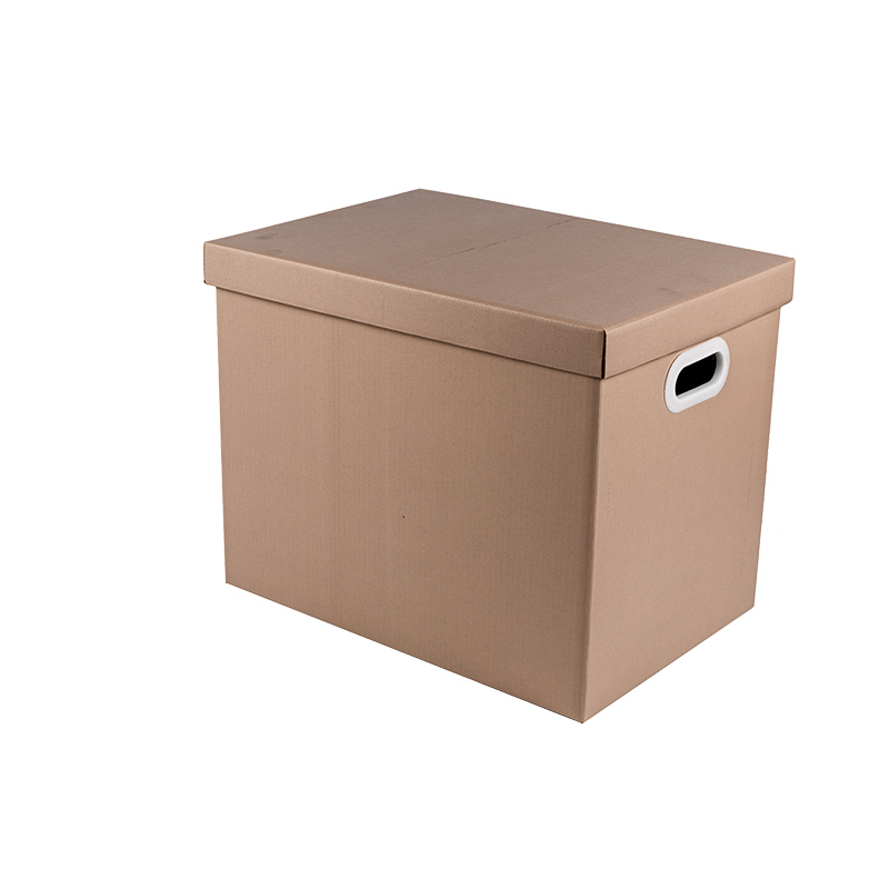 Beige-rosafarbene Bankbox mit abnehmbarem Deckel und Schutzgriffen. Aufbewahrungsbox aus recycelbarem Kraftpapier in verschiedenen Größen