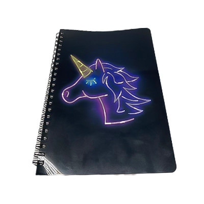 Spiral-Business-Notizbuch mit Neon-Einhorn auf dem Einband